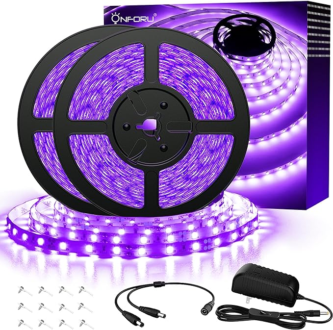 Onforu 32.8ft LED Black Light Strip Kit, 600 Units Lamp Beads, 12V Flexible Blacklight Fixtures, 10m Ribbon, Non-Waterproof for Glow Party, Indoor Birthday, Body Paint,Halloween