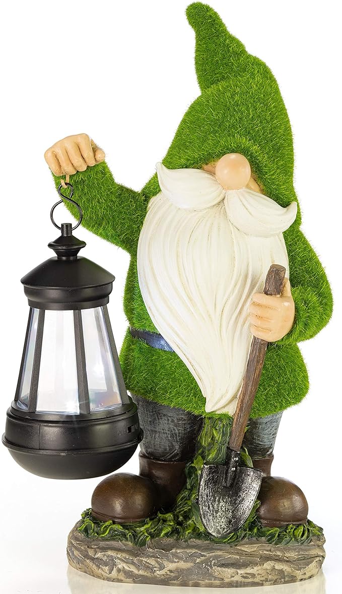 VP Home Earnest Flocked Garden Gnome with Lantern Solar Powered LED Outdoor Decor Light Great Addition for Your Garden Solar Powered Light Garden Gnome Christmas Decorations Gifts