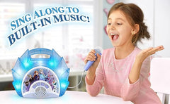 eKids Frozen Sing Along Boom Box Speaker with Microphone for Fans of Frozen Toys for Girls, Kids Karaoke Machine with Built in Music and Flashing Lights, Blue, 3.5mm Audio Jack