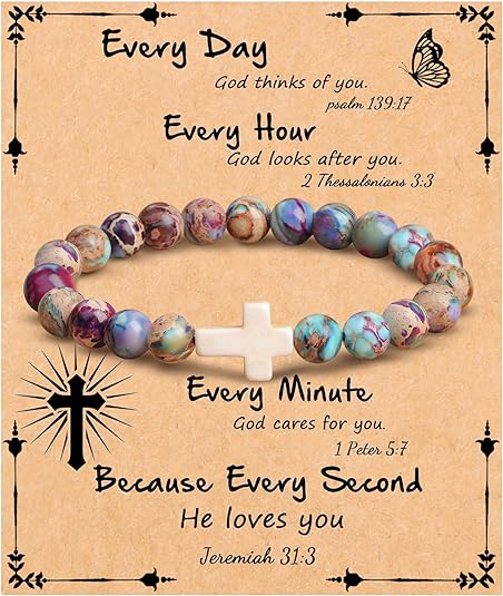 JoycuFF Christian Gifts, Cross Bracelets for Women Girls, Faith Religious Easter Catholic Christian Jewelry, Meaningful Baptism Communion Confirmation Natural Stone Bracelets for Women