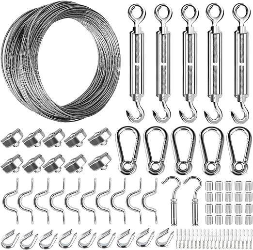 Suwdccl 200 Ft String Light Hanging Kit,Guide Wire for Outdoor Globe String Lights Suspension Kit,Vinyl Coated 304 Stainless Steel Wire Cable-for Patio,Garden,Backyard Lighting,Full Accessories