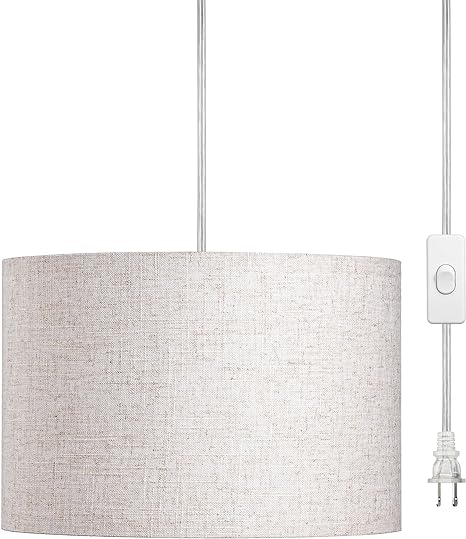 DEWENWILS Plug in Pendant Light, Hanging Light with 15Ft Clear Cord, On/Off Switch, Beige Linen Shade, Hanging Light Fixture for Bedroom, Kitchen, Living Room, Dining Table