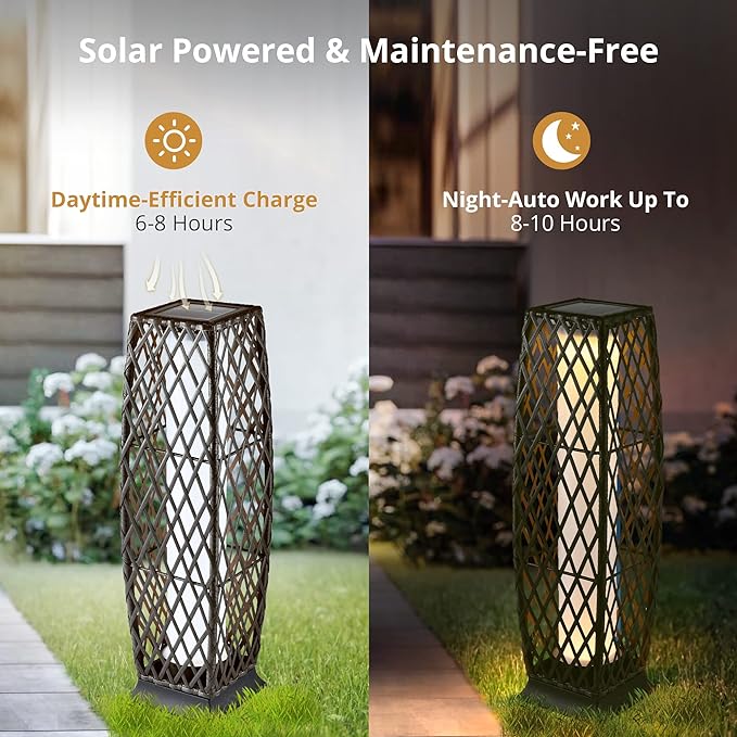 LEDIARY Solar Powered Outdoor Floor Lamp, 2 Piece Resin Wicker Outdoor Lamps, 40 LM Lantern Weather–Resistant Rattan Deck Light for Garden, Porch, Lawn Patio, Yard, Courtyard, Deck (Dark Brown)