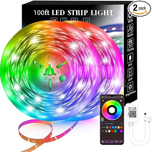 100FT Smart LED Strip Lights (2 Rolls of 50ft), RGB Strip Lights Sync to Music with 40 Key Remote Controller LED Lights for Bedroom,Christmas Lights decration (Multi-Colored, 100FT)