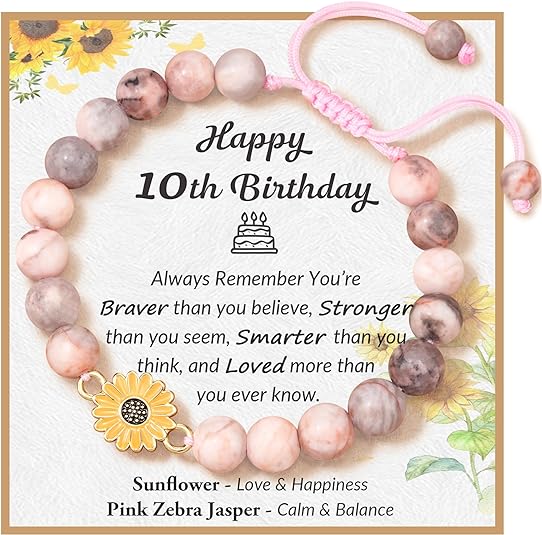 Seyaa Sunflower Natural Stone Bracelet, 4th - 16th Birthday Gifts for Teen/Girls with Quotes Card