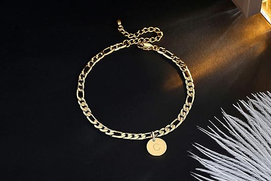 FOSIR 18K Gold Plated Stainless Steel Figaro Chain Anklet for Women Girls, Initial Ankle Bracelets