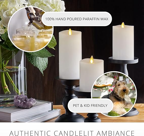 Luminara Realistic Artificial Moving Flame Pillar Candles - Set of 3 - Melted Top Edge, LED Battery Operated Lights - Unscented - Remote Included- 3" x 4.5", 3" x 5.5", 3" x 6.5" (White)