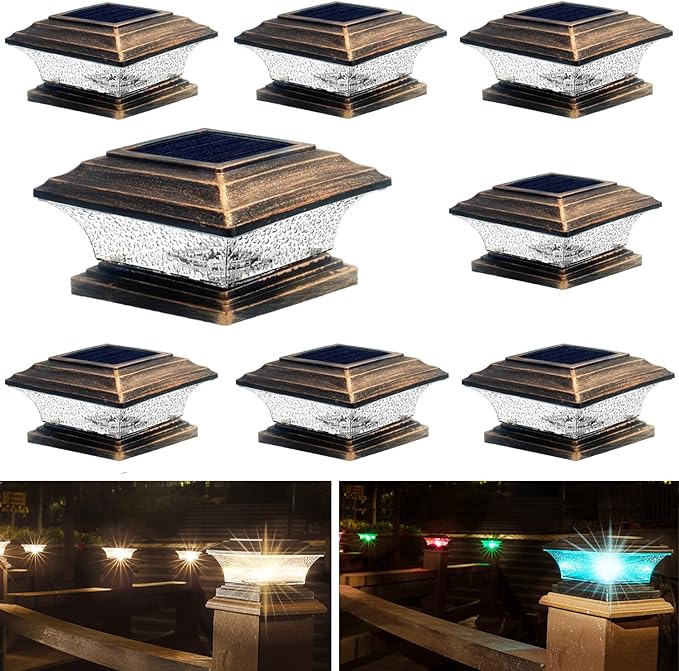 HUYIENO Solar Post Cap Lights Outdoor LED Lighting Deck Fence Cap Light Two Light Modes Warm White/7 RGB Color Changing LED Suitable for 4x4 5x5 Wooden Posts (Brushed Copper, 8pk)