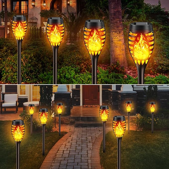 BONLION Solar Outdoor Lights, 10 Pack Solar Torch with Flickering Flame Waterproof, Solar Powered Garden Lights, LED Flame Pathway Torches Lights for Yard, Patio, Outside Landscape Décor