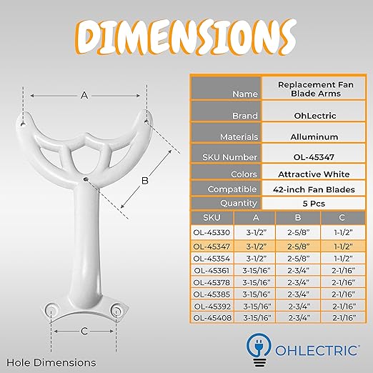 OHLECTRIC Ceiling Replacement Fan Blade Arms - Perfect for Fitting With 42" Fan Blades - Mounting Instruction Hardware Included - White Arms - Set of 5 - OL-45347