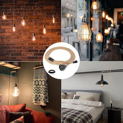 Plug in Hanging Light Fixture, 15FT Pendant Lamp Lights Cord with Switch Cord E26 Bulbs Socket, Industrial DIY Twisted Hemp Rope Overhead Lamps for Farmhouse Bedroom Home Lighting Decors