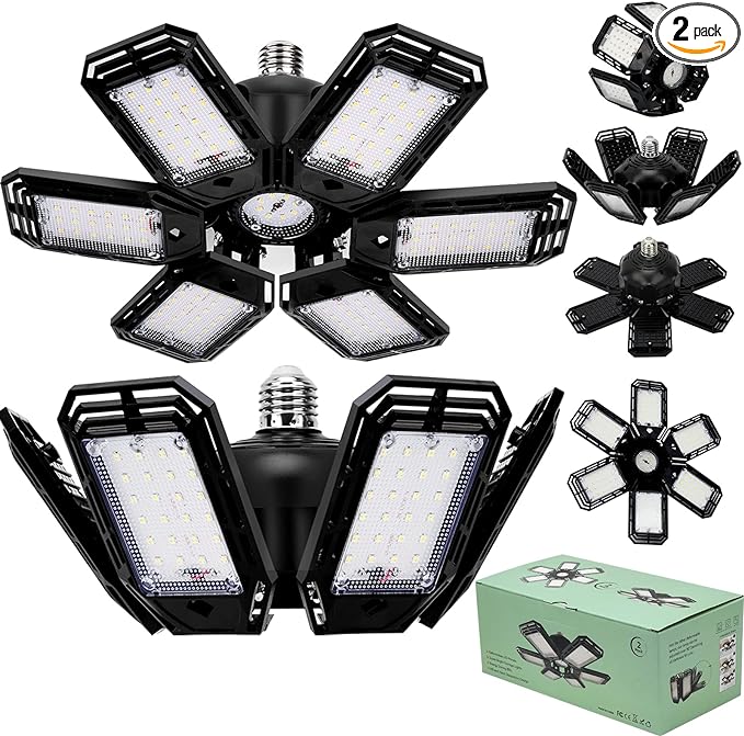 Aoretic LED Garage Lights Bulb 2 Pack -180W, 18000LM 6500K Led Shop Light with 6+1 Deformable Panels, Basement Barn Ceiling Lights, E26/E27 for Warehouse