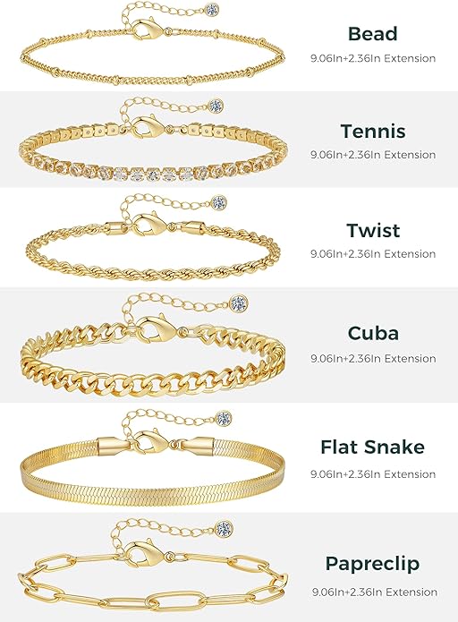 6Pcs Gold Ankle Bracelets for Women, 14K Gold Anklets for Teen Girls, Waterproof Cuba Paperclip Anklets for Christmas Gifts, Gold Stackable Anklets Set, Adjustable Link Anklets with Rhinestone