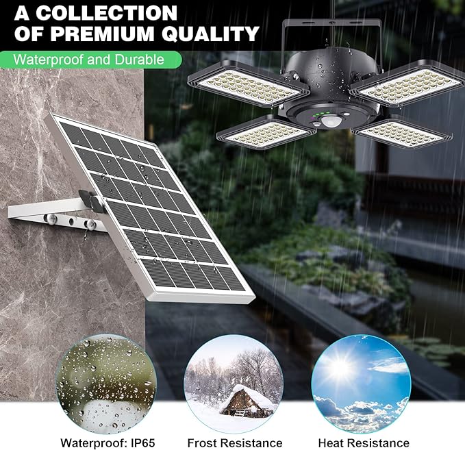 Solar Shed Light Indoor Outdoor 1200LM 144LED Pendant Light, Motion Sensor with Upgrade 5 Lighting Modes & Remote Control 4-Leaf 120°Adjustable Lights for Home Yard Garage