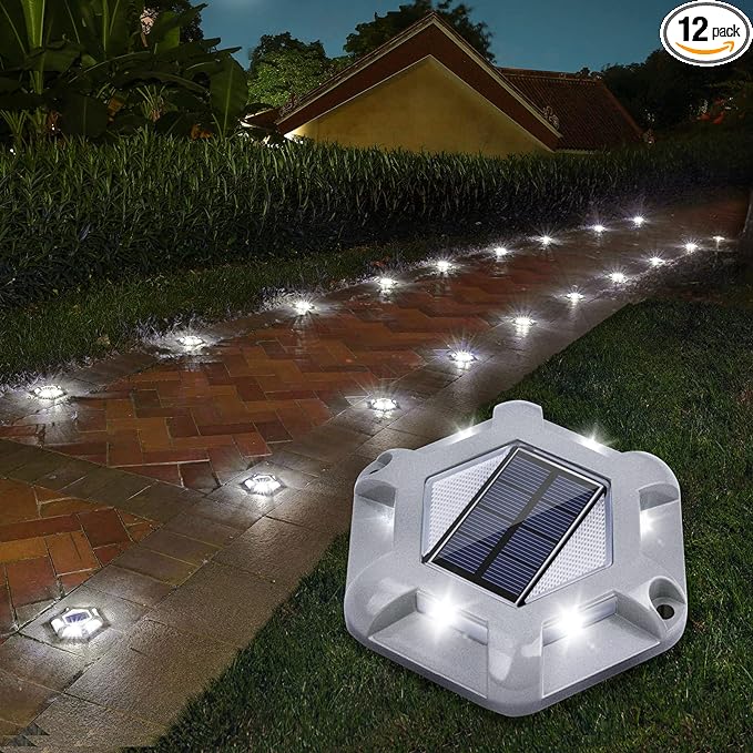 VOLISUN Solar Deck Lights Driveway Dock Lights, 12-Pack Waterproof 600mAh Outdoor LED Aluminum Dock Lighting Warning Step Lights for Driveway Sidewalk Garden Pathway Yard(White)