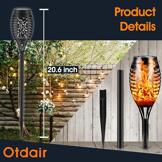 Otdair Solar Outdoor Lights, 16 Pack 12LED Solar Tiki Torches with Flickering Flame, IP65 Waterproof Mini Solar Torch Lights Auto On/Off for Garden, Patio, Yard, Pathway