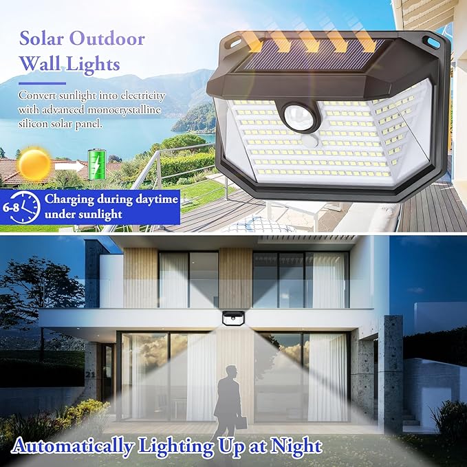 Solar Outdoor Wall Light, 2-Pack Super Bright 178 LEDs Motion Sensor Security Light with 270° Wide Angle & 3 Modes, Waterproof Solar Powered Wall Light for Patio Garden Garage Front Door