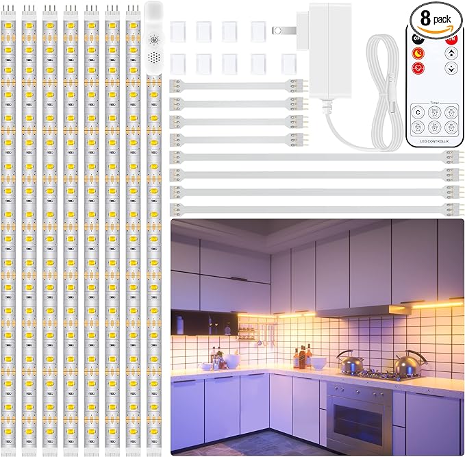 LAFULIT 8 PCS Under Cabinet Lighting Kit, Bright Under Cabinet Lights, Flexible Led Strip Lights with Remote and Power Adapter, for Kitchen Cabinets Shelf Desk Counter, 2700K Warm White, 13ft