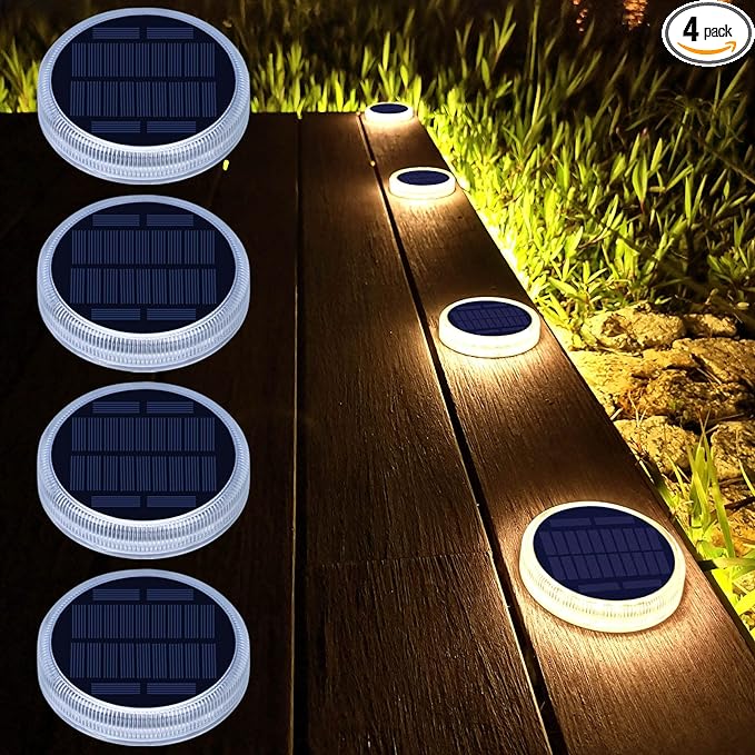 Solar Deck Lights, Driveway Walkway Dock Light Solar Powered Outdoor Waterproof Stair Step Pathway Ground LED Lamp for Backyard Patio Garden, Auto On/Off - Warm White - 4 Pack