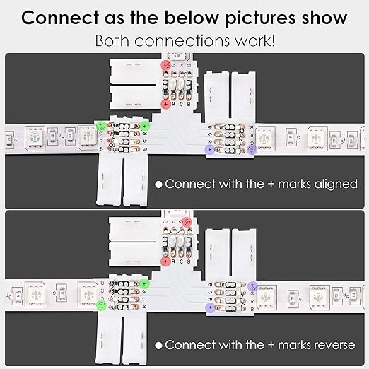 JACKYLED T Shape 4-Pin LED Connectors 10-Pack 10mm Wide Unwired Solderless Gapless Adapter Connectors Terminal Extension 12V 72W with 32pcs Clips for 5050 3528 SMD RGB LED Strip Lights