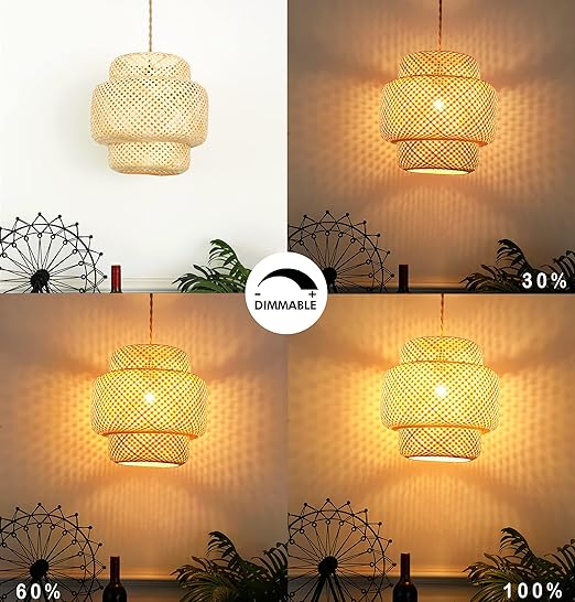 Plug in Pendant Light Rattan Hanging Lights with Plug in Cord Bamboo Hanging Lamp Dimmable,Handmade Woven Boho Wicker Basket Lamp Shade,Plug in Ceiling Light Fixture for Living Room Bedroom Kitchen