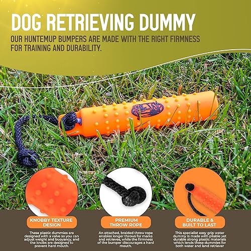 HuntEmUp Standard Size Plastic Dog Training Bumper with Throw Rope Dog Retrieving Dummy Duck Dog Hunting Training Tool Highly Visible Dog Float Toy – Orange - White/Black