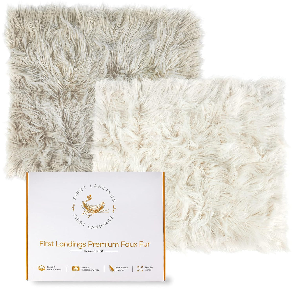 First Landings Faux Fur Baby Photoshoot Props (Set of 2) - Ultra Soft 28" x 24" Faux Fur Blanket Newborn Photography Props, Beige, Cream White Photo Backdrop