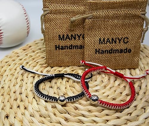 Handmade Braided Bracelets Baseball Gifts for Boys Adjustable Wristbands with Baseball Beads, Inspirational Baseball Bracelets for Girls Teens Adults (Red and Black 2PCS)