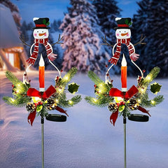 Doingart 2 Pack Solar Christmas Light Outdoor Decoration Clearance, LED Candle, Snowman Christmas Light with Faux Pine Cones, Foliage Accents Garden Decorative Stake