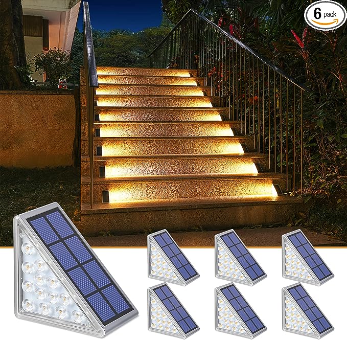 NIORSUN Solar Outdoor Step Lights Warm White Triangle IP67 Waterproof Auto on Off Decoration Deck Lights for Patio Yard, Driveway, Porch, Front Door, Sidewalk, 6 Pack