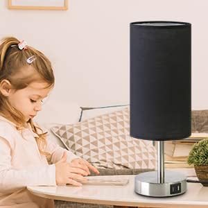 Lámpara de cabecera con puerto USB – Lámpara de mesa de control táctil para habitación, de madera de 3 vías, regulable, lámpara de mesita de noche con pantalla redonda de tela de lino para sala, habitación de niños, dormitorio universitario, oficina (bomb