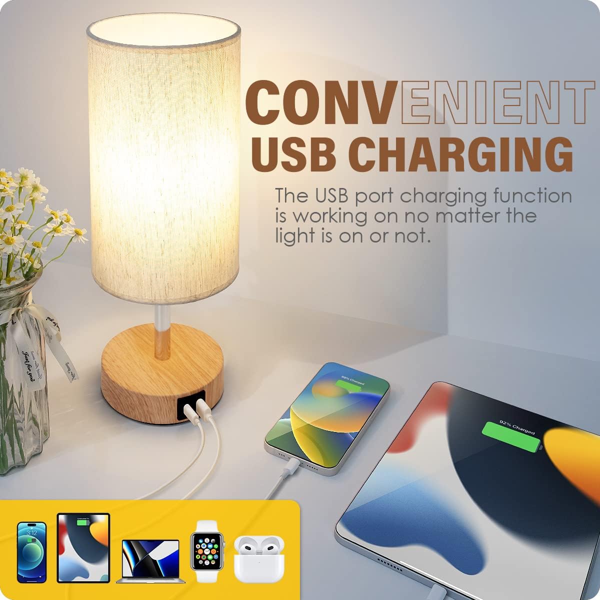 Lámpara de cabecera con puerto USB – Lámpara de mesa de control táctil para habitación, de madera de 3 vías, regulable, lámpara de mesita de noche con pantalla redonda de tela de lino para sala, habitación de niños, dormitorio universitario, oficina (bomb