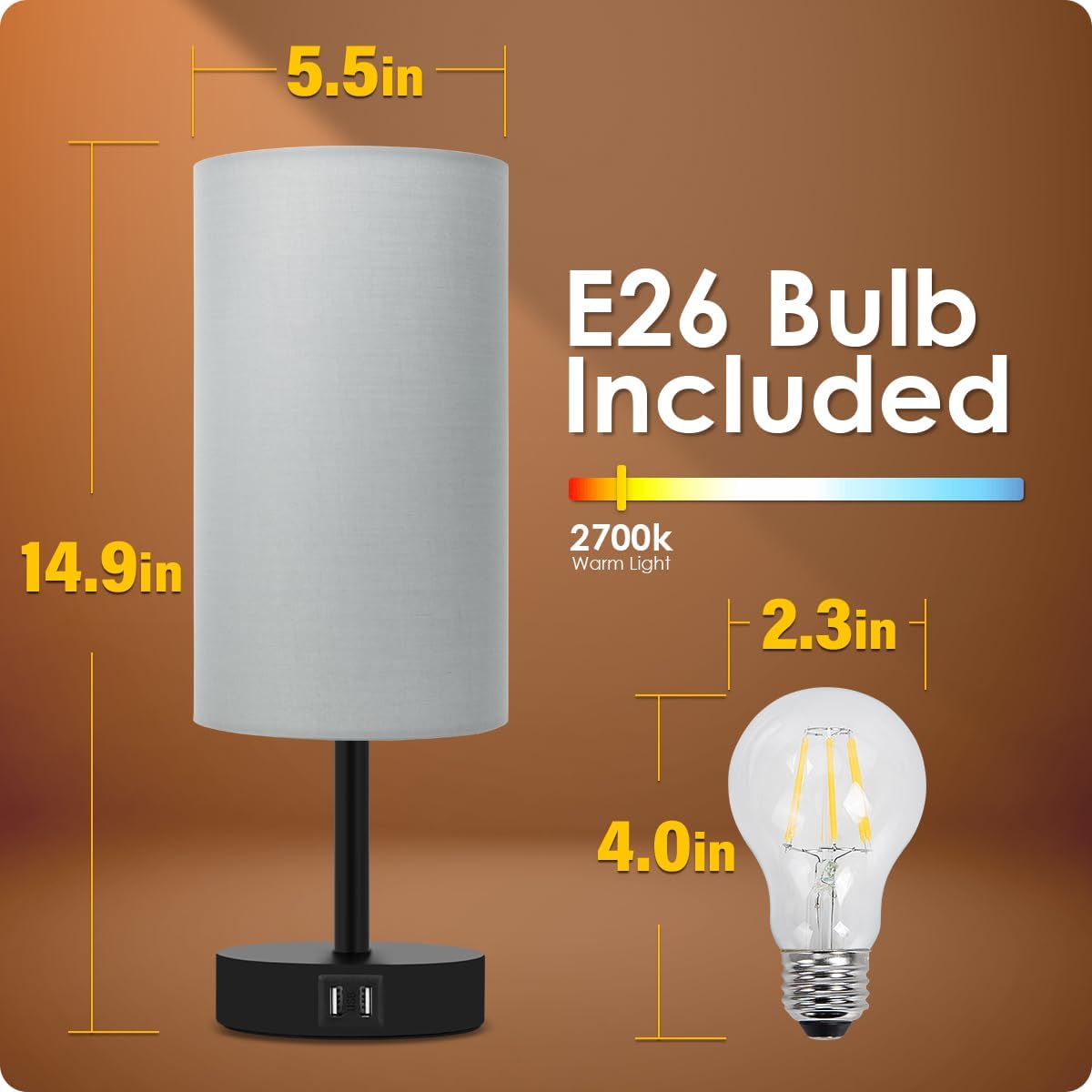 Lámpara de cabecera con puerto USB – Lámpara de mesa de control táctil para habitación, de madera de 3 vías, regulable, lámpara de mesita de noche con pantalla redonda de tela de lino para sala, habitación de niños, dormitorio universitario, oficina (bomb