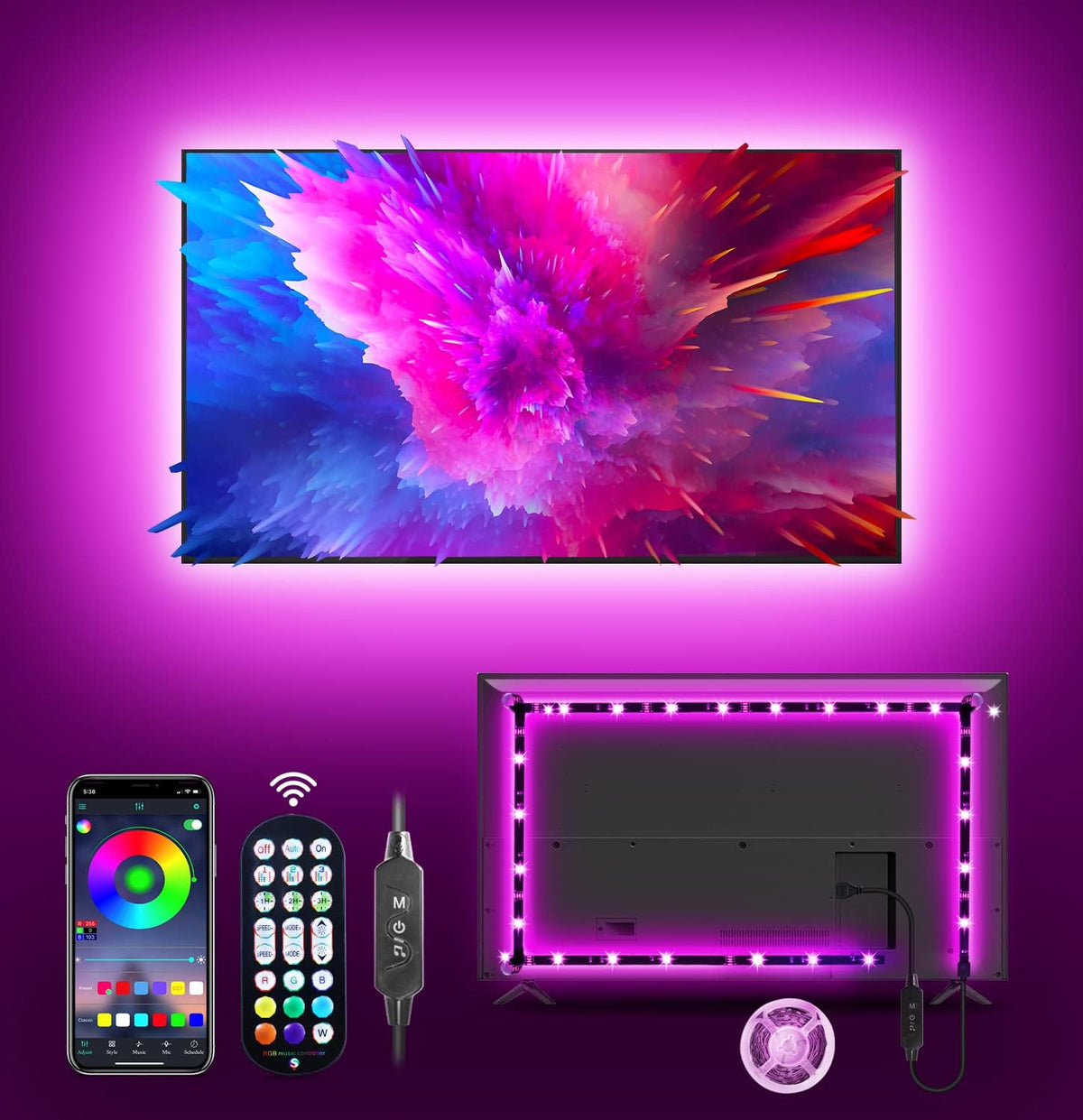 MATICOD Tira de luces LED RGB de 9.84 pies para TV detrás, USB para TV de 32 a 43 pulgadas, aplicación Bluetooth, control remoto, sincronización de música, retroiluminación de TV para sala de juegos