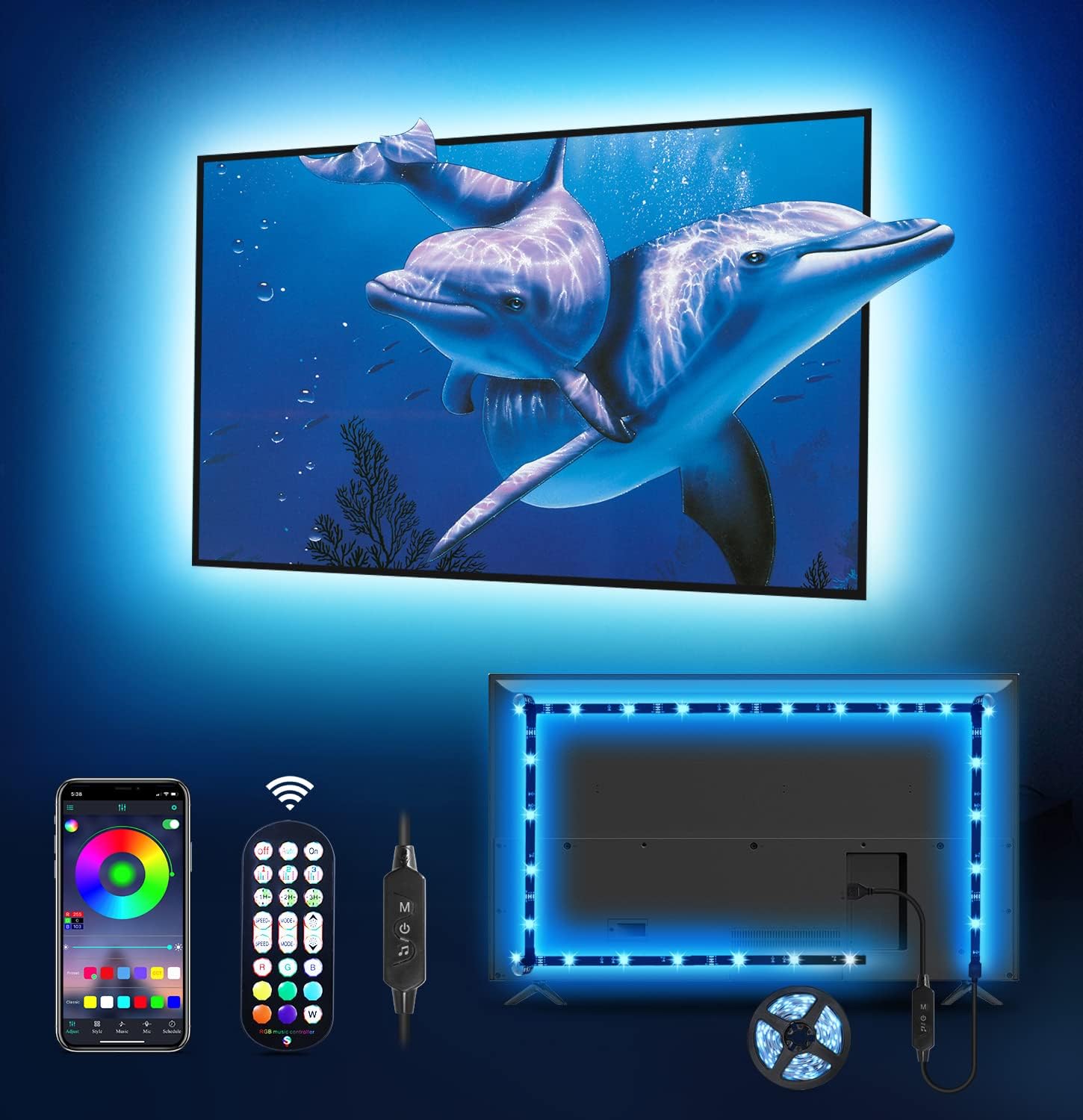 MATICOD Tira de luces LED RGB de 9.84 pies para TV detrás, USB para TV de 32 a 43 pulgadas, aplicación Bluetooth, control remoto, sincronización de música, retroiluminación de TV para sala de juegos