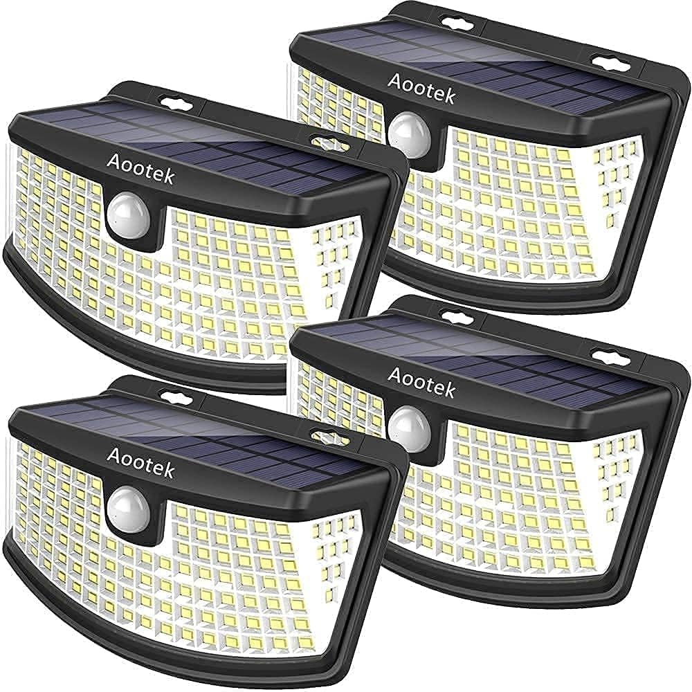 Aootek Nuevas luces solares de 120 LED con reflector de luces, gran angular de 270°, impermeable IP65, luces de seguridad fáciles de instalar para puerta delantera, patio, garaje, terraza (paquete de 4)