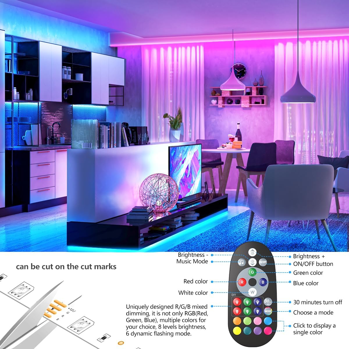 Nexillumi Tira de luces LED de 100 pies, sincronización de música, cambio de color, tira de LED RGB, micrófono integrado sensible, luces LED controladas por aplicación, tira de luz LED RGB 5050 (APP+control remoto + micrófono)