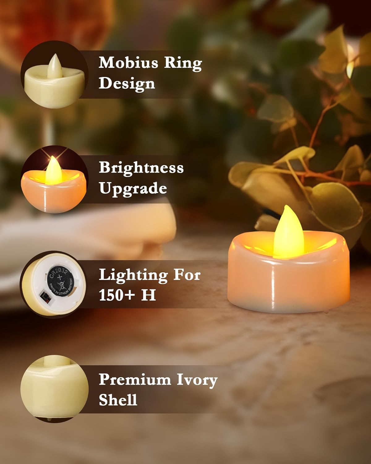 Velas sin llama, paquete de 24 velas LED de té que funcionan con pilas, duran más de 150 horas, velas de té sin llama para Halloween, Diwali, otoño, Navidad, bodas, diámetro de 1-1/2 pulgadas de alto 1-1/4 pulgadas