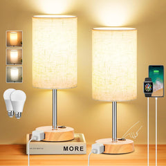 ZJOJO Juego de 2 lámparas de mesa de noche para dormitorio, con 3 vías regulables, con interruptor basculante, lámpara de noche con salidas de CA para sala de estar/sala de lectura, metal, porcelana, piedra, metal