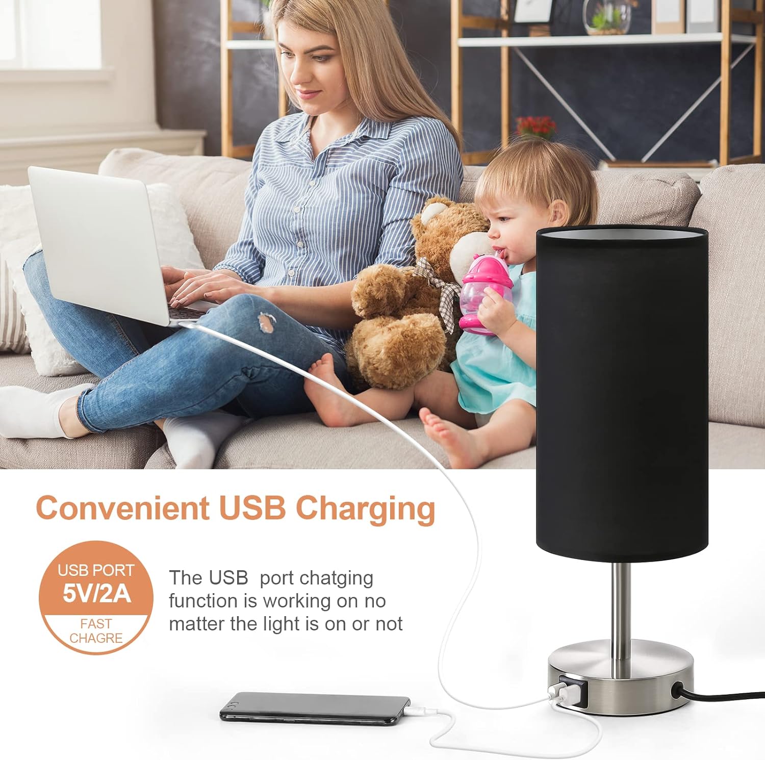 Lámpara de cabecera con puerto USB – Lámpara de mesa de control táctil para habitación, de madera de 3 vías, regulable, lámpara de mesita de noche con pantalla redonda de tela de lino para sala, habitación de niños, dormitorio universitario, oficina (bomb