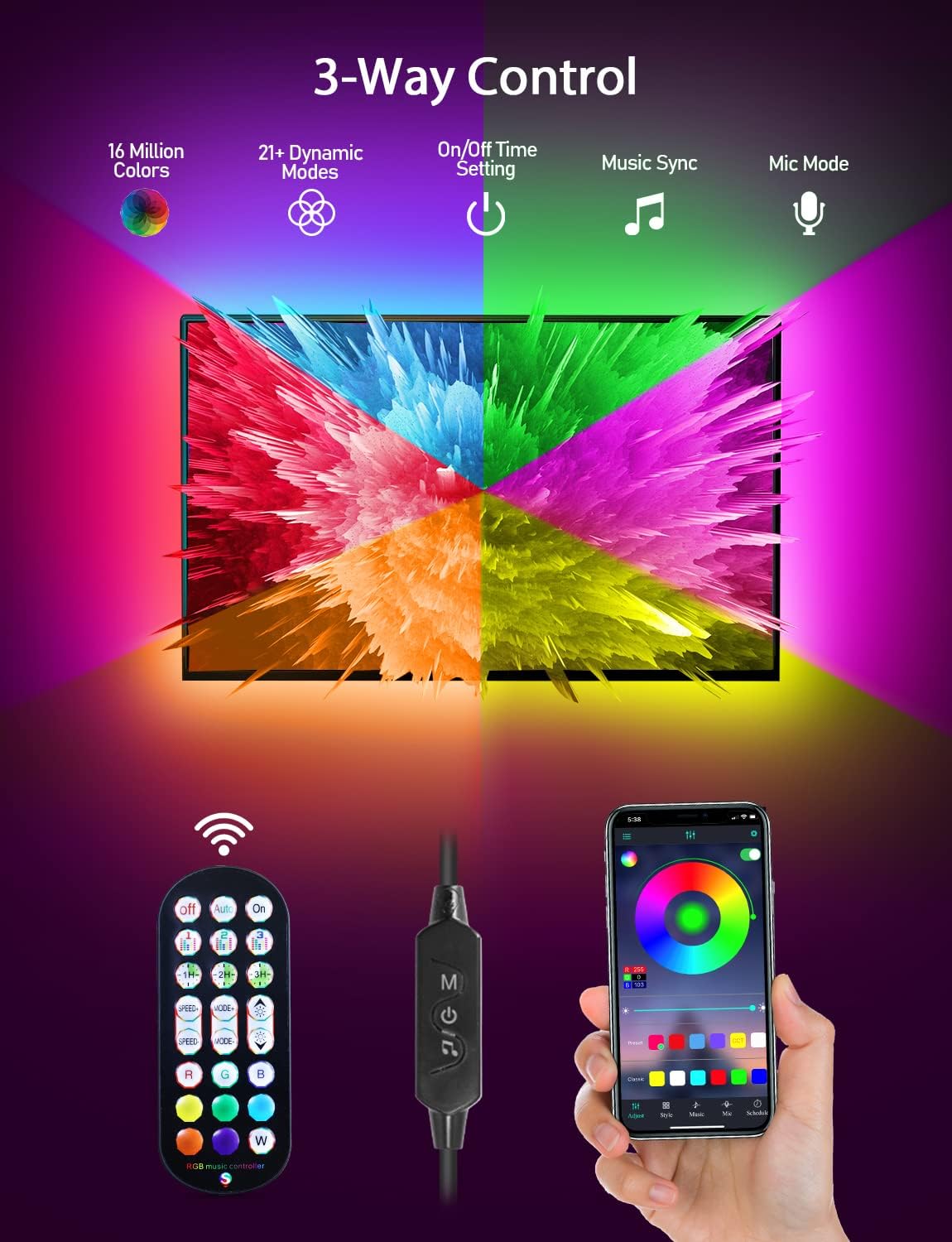 MATICOD Tira de luces LED RGB de 9.84 pies para TV detrás, USB para TV de 32 a 43 pulgadas, aplicación Bluetooth, control remoto, sincronización de música, retroiluminación de TV para sala de juegos