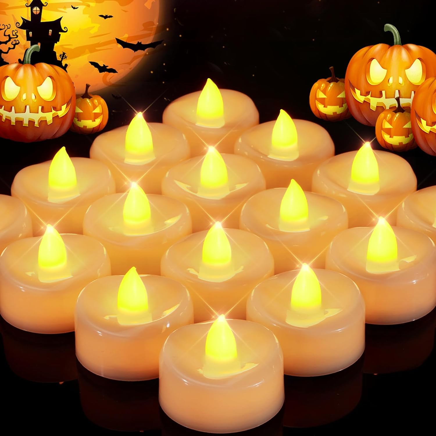 Velas sin llama, paquete de 24 velas LED de té que funcionan con pilas, duran más de 150 horas, velas de té sin llama para Halloween, Diwali, otoño, Navidad, bodas, diámetro de 1-1/2 pulgadas de alto 1-1/4 pulgadas