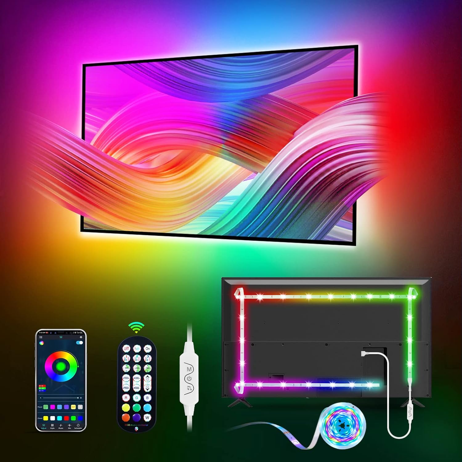 MATICOD Tira de luces LED RGB de 9.84 pies para TV detrás, USB para TV de 32 a 43 pulgadas, aplicación Bluetooth, control remoto, sincronización de música, retroiluminación de TV para sala de juegos