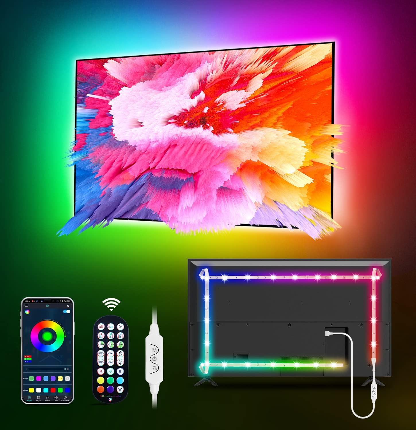 MATICOD Tira de luces LED RGB de 9.84 pies para TV detrás, USB para TV de 32 a 43 pulgadas, aplicación Bluetooth, control remoto, sincronización de música, retroiluminación de TV para sala de juegos