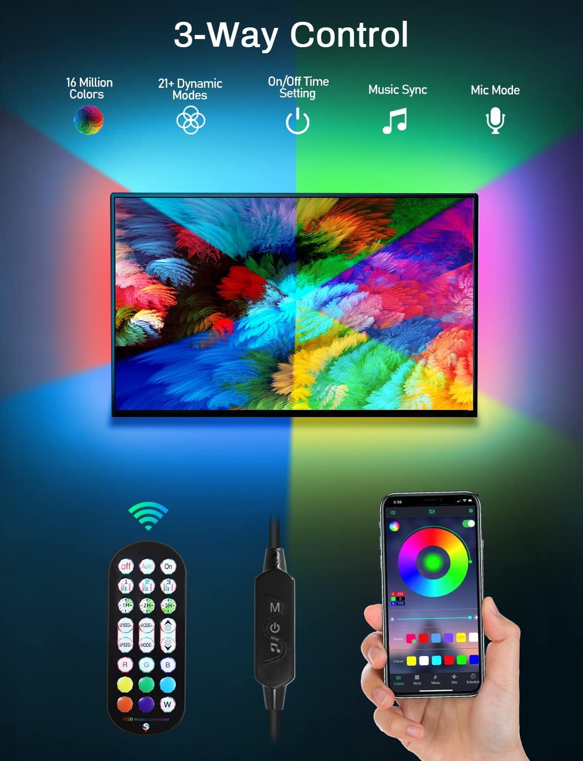 MATICOD Tira de luces LED RGB de 9.84 pies para TV detrás, USB para TV de 32 a 43 pulgadas, aplicación Bluetooth, control remoto, sincronización de música, retroiluminación de TV para sala de juegos