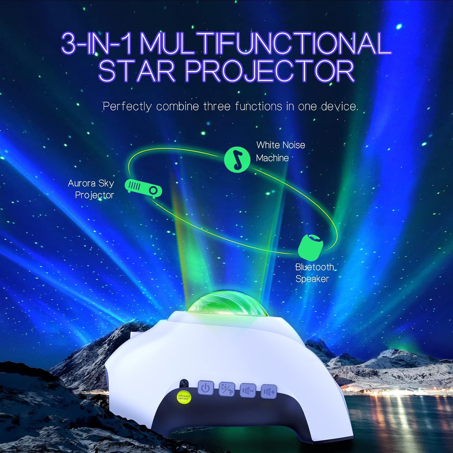 Northern Galaxy Light Aurora Projector with 33 Light Effects, Night Lights LED Star Projector for Bedroom Nebula Lamp, Remote Control, White Noises, Bluetooth Speaker for Parties