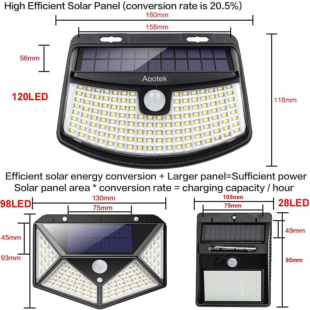 Aootek Nuevas luces solares de 120 LED con reflector de luces, gran angular de 270°, impermeable IP65, luces de seguridad fáciles de instalar para puerta delantera, patio, garaje, terraza (paquete de 4)