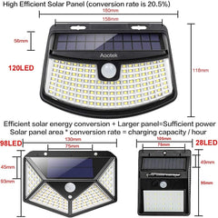 Aootek Nuevas luces solares de 120 LED con reflector de luces, gran angular de 270°, impermeable IP65, luces de seguridad fáciles de instalar para puerta delantera, patio, garaje, terraza (paquete de 4)