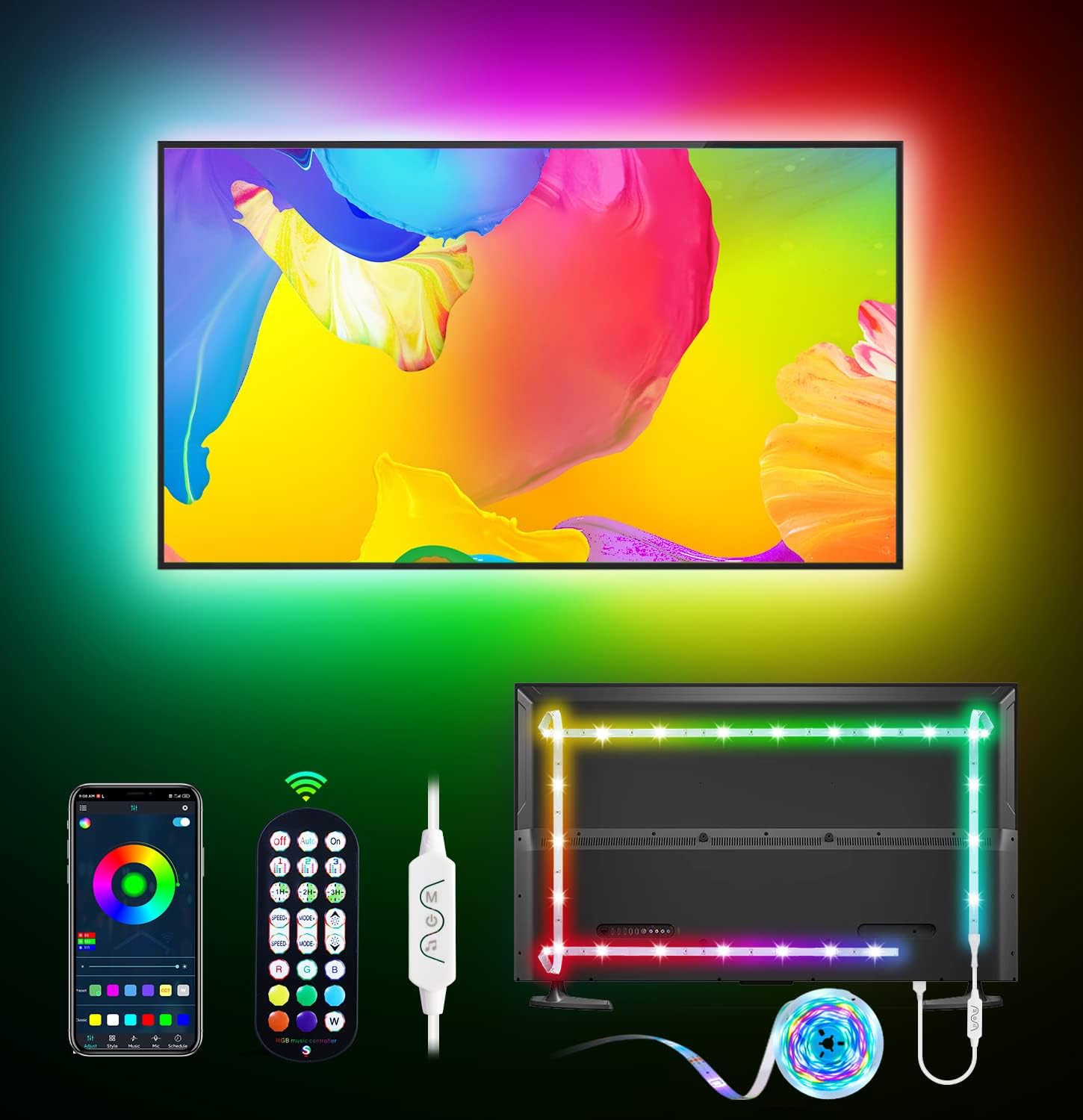 MATICOD Tira de luces LED RGB de 9.84 pies para TV detrás, USB para TV de 32 a 43 pulgadas, aplicación Bluetooth, control remoto, sincronización de música, retroiluminación de TV para sala de juegos