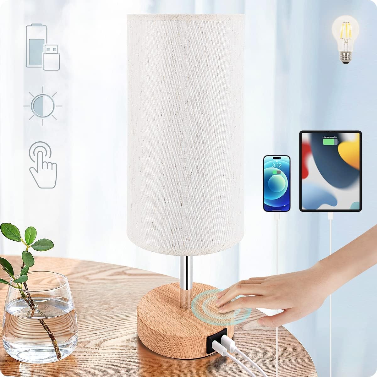 Lámpara de cabecera con puerto USB – Lámpara de mesa de control táctil para habitación, de madera de 3 vías, regulable, lámpara de mesita de noche con pantalla redonda de tela de lino para sala, habitación de niños, dormitorio universitario, oficina (bomb